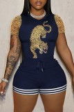 Navy Blue Casual Print Patchwork O Neck Short Sleeve Two Pieces