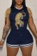 Navy Blue Casual Print Patchwork O Neck Short Sleeve Two Pieces