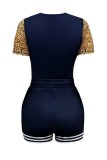 Navy Blue Casual Print Patchwork O Neck Short Sleeve Two Pieces
