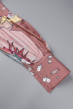 Pink Elegant Print Patchwork Flounce Half A Turtleneck A Line Dresses