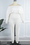 White Casual Solid Patchwork Flounce Off the Shoulder Plus Size Jumpsuits