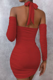 Red Sexy Casual Solid Fold Halter Pencil Skirt Dresses