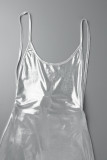 Silver Sexy Solid Patchwork Halter One Step Skirt Dresses