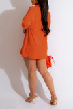 Tangerine Red Sexy Street Solid Patchwork Turndown Collar Half Sleeve Two Pieces