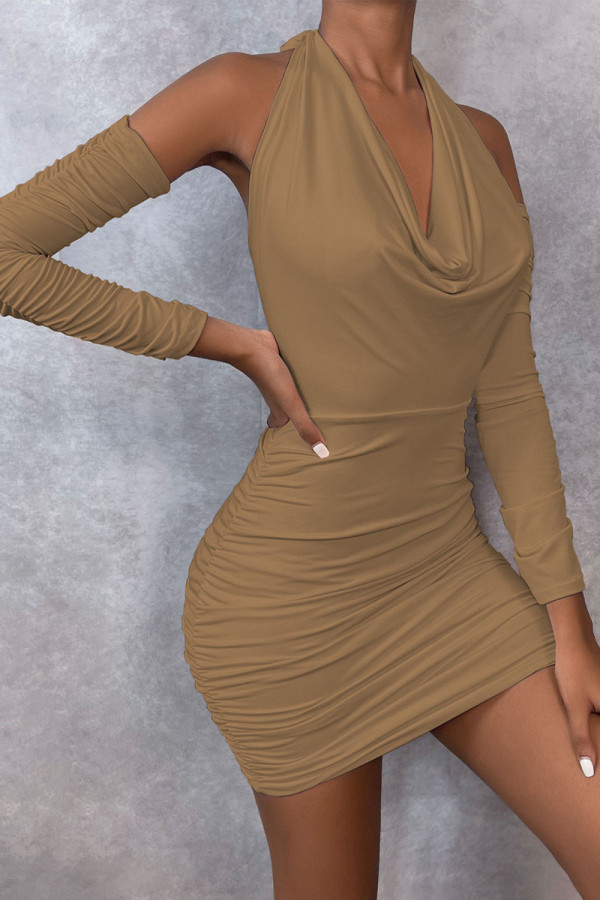 Coffee Sexy Casual Solid Fold Halter Pencil Skirt Dresses