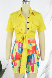 Yellow Street Print Patchwork Buckle Turndown Collar Short Sleeve Two Pieces