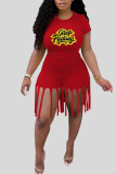 Red Casual Print Tassel Patchwork O Neck Short Sleeve Two Pieces