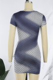 Grey Sexy Print Hollowed Out Patchwork U Neck Pencil Skirt Dresses