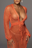 Orange Sexy Solid Bandage Hollowed Out Patchwork V Neck One Step Skirt Dresses