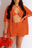 Tangerine Red Sexy Street Solid Patchwork Turndown Collar Half Sleeve Two Pieces