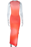 Tangerine Red Sexy Gradual Change Patchwork O Neck Waist Skirt Dresses