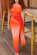 Tangerine Red Sexy Gradual Change Patchwork O Neck Waist Skirt Dresses