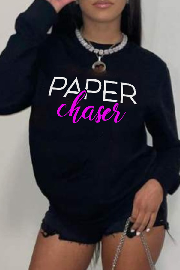 Black Street Sportswear Print Patchwork Letter O Neck Tops