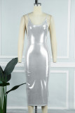 Silver Sexy Solid Patchwork Halter One Step Skirt Dresses