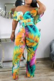 Green Casual Print Patchwork Backless Off the Shoulder Regular Jumpsuits