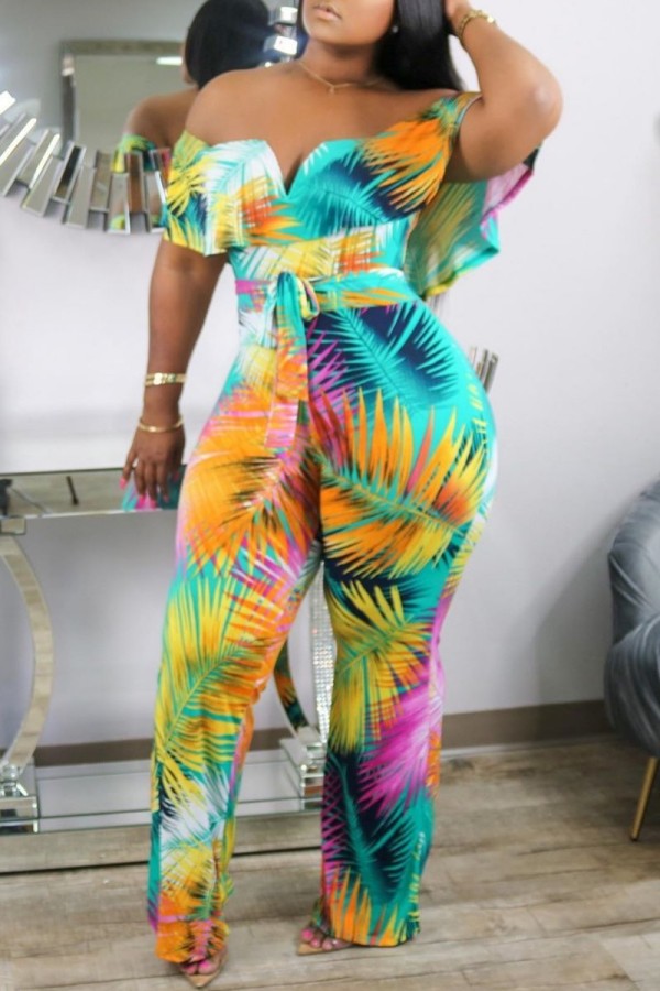 Green Casual Print Patchwork Backless Off the Shoulder Regular Jumpsuits