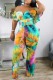 Green Casual Print Patchwork Backless Off the Shoulder Regular Jumpsuits