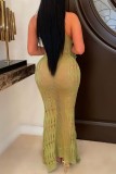 Yellow Sexy Solid Hollowed Out See-through O Neck Long Dress Dresses