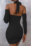 Red Sexy Casual Solid Fold Halter Pencil Skirt Dresses