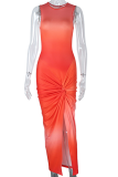 Tangerine Red Sexy Gradual Change Patchwork O Neck Waist Skirt Dresses