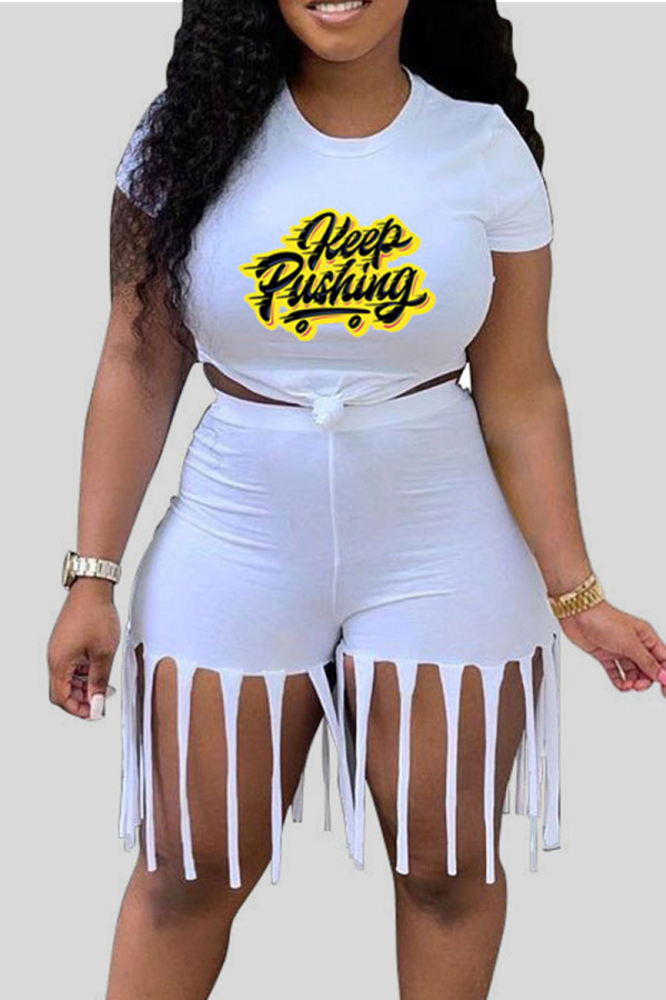 White Casual Print Tassel Patchwork O Neck Short Sleeve Two Pieces