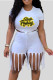 White Casual Print Tassel Patchwork O Neck Short Sleeve Two Pieces