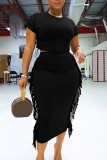 Green Casual Solid Tassel Patchwork O Neck Two Pieces
