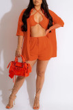 Tangerine Red Sexy Street Solid Patchwork Turndown Collar Half Sleeve Two Pieces