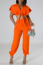 Orange Casual Solid Frenulum V Neck Short Sleeve Two Pieces