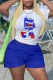 White Blue Casual Print Letter O Neck Short Sleeve Two Pieces