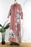 Pink Elegant Print Patchwork Flounce Half A Turtleneck A Line Dresses