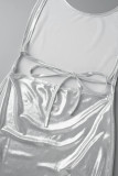 Silver Sexy Solid Patchwork Halter One Step Skirt Dresses