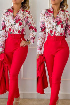 Red Casual Print Patchwork Buckle With Belt Turndown Collar Long Sleeve Two Pieces(Without Coat)