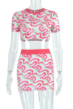 Pink Casual Patchwork O Neck Short Sleeve Two Pieces