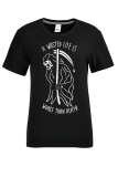 Black Casual Vintage Print Skull Patchwork Letter O Neck T-Shirts