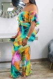 Green Casual Print Patchwork Backless Off the Shoulder Regular Jumpsuits