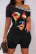 Black Casual Print Slit Oblique Collar Short Sleeve Two Pieces