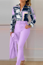 Light Purple Casual Print Patchwork Buckle With Belt Turndown Collar Long Sleeve Two Pieces(Without Coat)