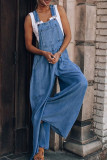 Navy Blue Fashion Casual Solid Pocket Spaghetti Strap Loose Jumpsuits