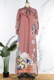 Pink Elegant Print Patchwork Flounce Half A Turtleneck A Line Dresses