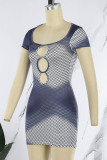 Grey Sexy Print Hollowed Out Patchwork U Neck Pencil Skirt Dresses
