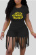 Black Casual Print Tassel Patchwork O Neck Short Sleeve Two Pieces