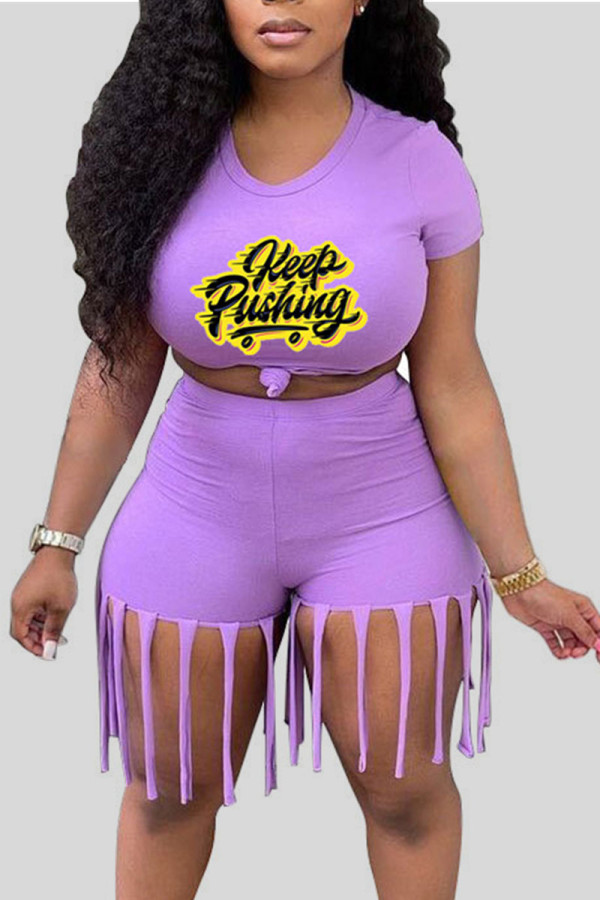 Light Purple Casual Print Tassel Patchwork O Neck Short Sleeve Two Pieces