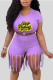 Light Purple Casual Print Tassel Patchwork O Neck Short Sleeve Two Pieces