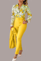 Yellow Casual Print Patchwork Buckle With Belt Turndown Collar Long Sleeve Two Pieces(Without Coat)