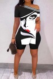 Black White Casual Print Slit Oblique Collar Short Sleeve Two Pieces