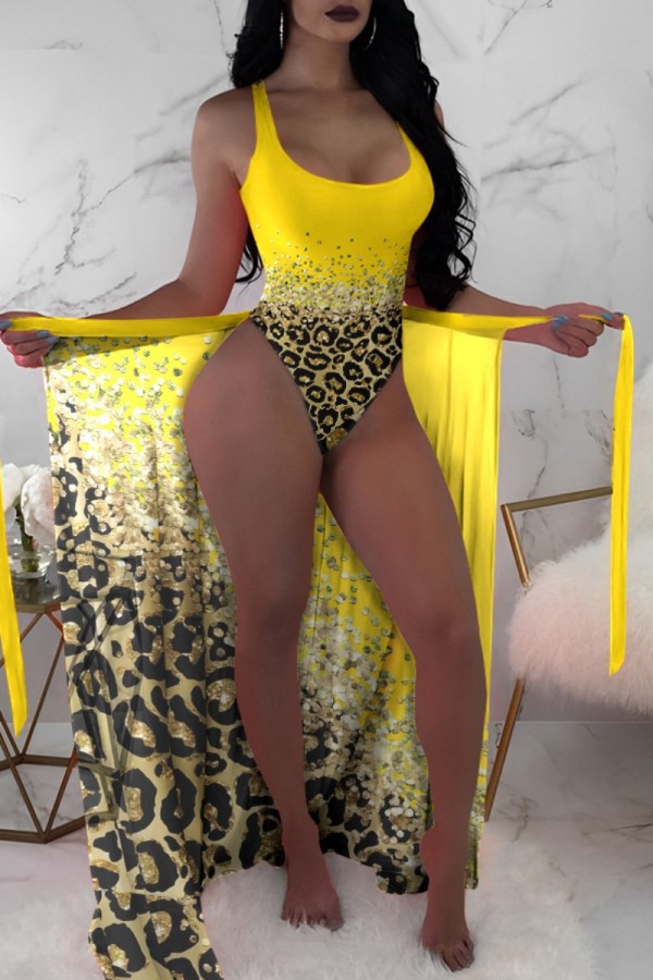 Yellow Sexy Print Backless Basic Swimwears (With Paddings)