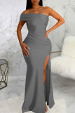 Blue Sexy Elegant Solid Patchwork Slit Asymmetrical Off the Shoulder Evening Dress Dresses