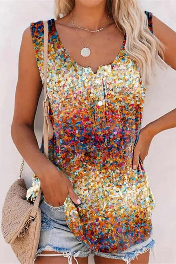 Yellow Casual Print Basic U Neck Tops