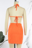 Orange Sexy Solid Bandage Backless Halter Sleeveless Two Pieces